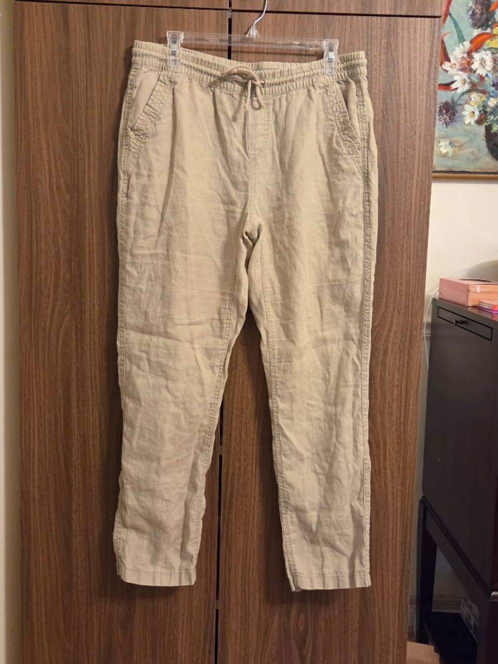 Stylus Women's 100% Linen Tan Pants sz M (8-10) Beachy Relaxed Fit Pockets Draws